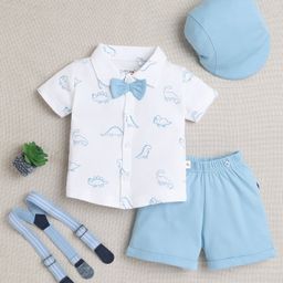 BUMZEE Cotton Knit Half Sleeves Dinosaur Print Shirt & Short Set With Suspender Bow & Cap - White & Sky Blue-image-67