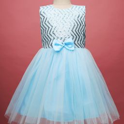 Pine Kids Woven Sleeveless Mesh Party Dress with Sequin Detailing & Bow Applique - Light Blue-image-58