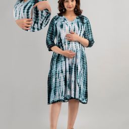 CeleBravo Rayon Three Fourth Sleeves Tie Dye Maternity Dress With Nursing Access - Green-image-15