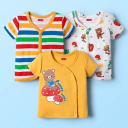 Babyhug 100% Cotton Knit Half Sleeves Front Open Vests with Bear Print & Stripes Pack of 3 - Yellow & White-picture-28
