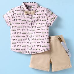 ToffyHouse Poplin Woven Half Sleeves Car Printed Shirt & Shorts With Bow & Suspender - Light Pink-image-17