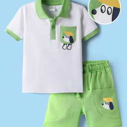Mark & Mia Cotton Knit Half Sleeves Polo T-Shirt & Shorts With Dog Graphics Print - White & Light Green-image-57