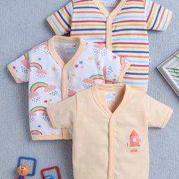BUMZEE Cotton Pack Of 3 Half Sleeves Striped & Rainbows Printed Jhablas - Peach & White-image-17