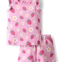 Honeyhap Premium 100% Cotton Knit Frill Sleeves Co-ords Shorts Night Suit with Bio Finish & Tropical Theme Print - Bonbon-image-80