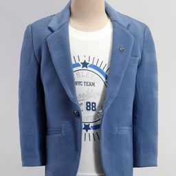 Dapper Dudes Full Sleeves Textured Blazer With Typography Printed Tee Set - Dark Blue-image-55