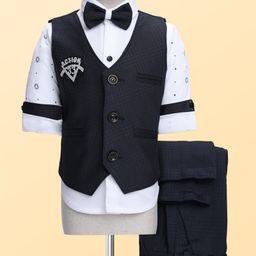 Rikidoos Full Sleeves Checked & Action Text Glitter Patch Detailed 3 Piece Party Suit With Bow Set - Dark Grey & White-picture-25