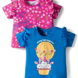 Doodle Poodle 100% Cotton Knit Half Sleeves Tops with Floral & Bunny Print Pack of 2 - Dark Pink & Blue-picture-20