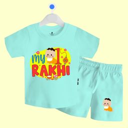 The Peppy Tend 100% Cotton Knit Raksha Bandhan Theme Half Sleeves My 1st Rakhi Text Printed Tee & Shorts Set - Sea Green-image-89