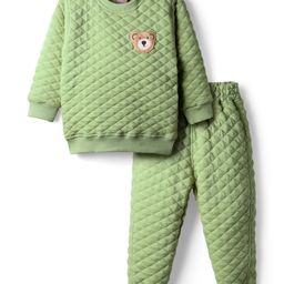 Little Kangaroos Woven Full Sleeves Quilted Winter Wear Sweatshirt & Lounge Pant with Bear Embroidery - Green-picture-21