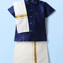 Dapper Dudes Half Sleeves Textured Shirt & Solid Mundu Lungi With Striped Foil Printed Angavastram Set - Navy Blue-picture-16