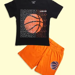 Be Awara Cotton Knit Half Sleeves Basketball Printed Tee & Coordinating Shorts Set - Black-picture-30