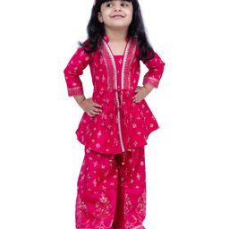 Twisha Chanderi Woven Three Fourth Sleeves Ethnic Motifs Foil Printed Gota Lace Embellished Kurti & Palazzo Set - Pink-picture-22