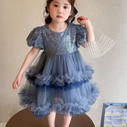 LULU & SKY Girls Embellished Round Neck Puff Sleeve Fit and Flare Dress-image-79