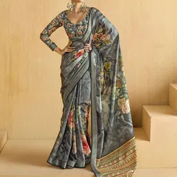 Sangria Tussar Floral Printed Saree With Blouse Piece-picture-35
