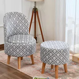 NACIA 2 Pieces Grey & White Textured Wooden & Velvet Round Ottoman-19