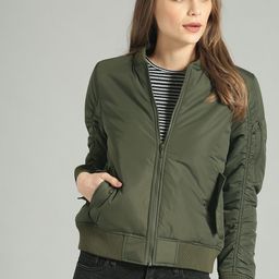 The Roadster Lifestyle Co Women Olive Green Solid Bomber Jacket-image-64
