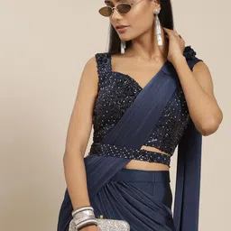 Grancy Navy Blue Solid Sequinned Ready to Wear Saree-image-47