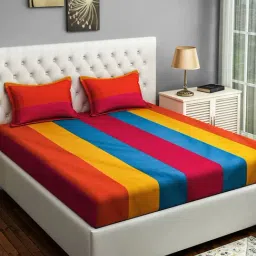 Swayam Stripes Yellow 180 TC Cotton Double Bedsheet with 2 Pillow Covers-image-54