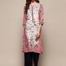 Biba White & Pink Floral Print Straight Kurta-image-36