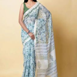 Unnati Silks White & Green Floral Print Saree With Unstitched Blouse-image-94
