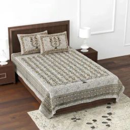 JaipurFabric Grey Pure Cotton 180 TC Marking Celebration Single Bedsheet with 2 Pillow Covers-image-96