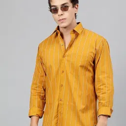 Hancock Mustard Cotton Slim Fit Striped Shirt-image-15