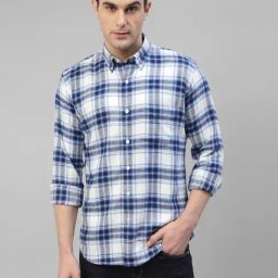 Hancock White & Blue Cotton Slim Fit Checks Shirt-image-89