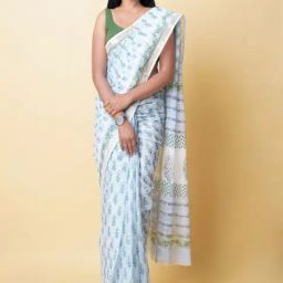 Unnati Silks White & Green Floral Print Saree With Unstitched Blouse-image-21