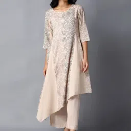 W Beige Printed Flared Kurta-image-58