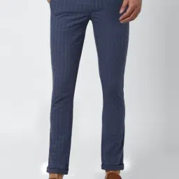 Van Heusen Navy Cotton Slim Fit Checks Flat Front Trousers-image-97