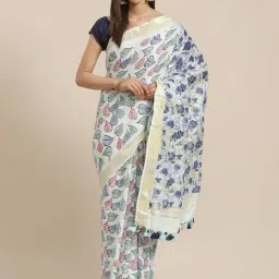 Kalakari India White Linen Printed Saree With Unstitched Blouse-picture-16