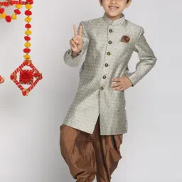 VASTRAMAY Kids Grey & Coffee Brown Regular Fit Sherwani Set-picture-33