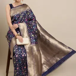 Blissta Navy Silk Floral Print Saree With Unstitched Blouse-picture-38
