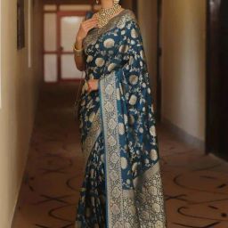 Satrani Rama Blue Woven Saree With Unstitched Blouse-image-22