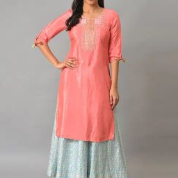 Aurelia Women Peach Festive Solid Rayon Kurta-picture-4