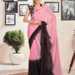 Satrani Rose Pink & Black Ombre Saree With Unstitched Blouse-image-136