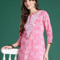 Indo Era Pink Cotton Regular Fit Embroidered Kurta-picture-10