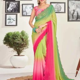 Satrani Green & Pink Ombre Saree With Unstitched Blouse-image-48