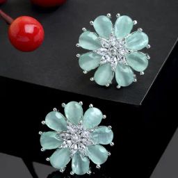 Zeneme Rhodium Plated Silver Green Crystal AD Studded Floral Shaped Stud Earrings-42