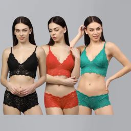 AROUSY Black & Red Self Pattern Bra Panty Set - Pack Of 3-image-86