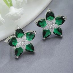 Zeneme Rhodium Plated Silver Green Crystal AD Studded Floral Shaped Stud Earrings-25