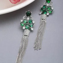 Zeneme Silver Plated Brass Contemporary AD Shoulder Duster Dangler Earrings-image-31