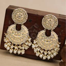 Priyaasi Kundan Studded and Beaded Peach Colored Earrings-image-0
