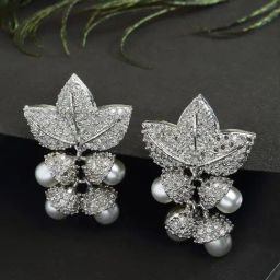Zeneme Rhodium Plated Silver Toned AD Geometric Stud Earrings-47