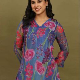 W for Woman Blue Floral Printed Chiffon Gathered Top-image-35