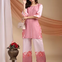 DIVASTRI Women Pink Floral Printed Cotton Tunic With Palazzo Co-Ords-picture-1