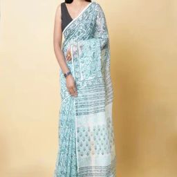 Unnati Silks Green & White Floral Print Saree With Unstitched Blouse-image-53