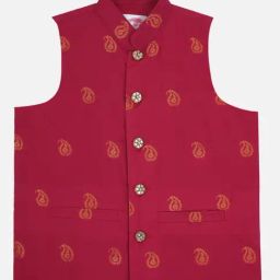 Little Bansi Boys Maroon Regular Fit Printed Nehru Jacket-36