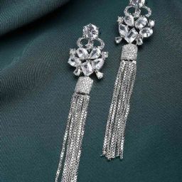 Zeneme Silver Plated Brass Contemporary AD Shoulder Duster Dangler Earrings-27