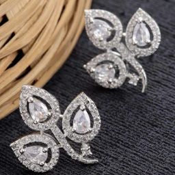 Zeneme Rhodium Plated Silver White AD Contemporary Leaf Stud Earrings-40